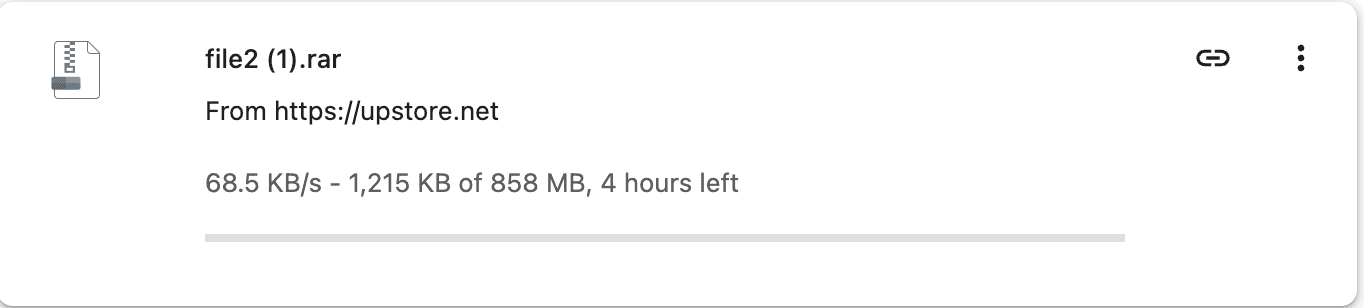 Upstore free download speed test showing 68.5 KB/s with about 4 hours remaining for an 858 MB file