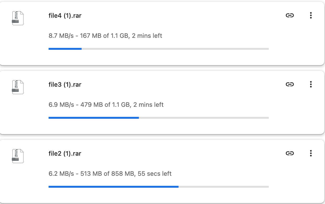 Upstore Premium browser parallel download test showing multiple files downloading at 6 to 8 MB/s