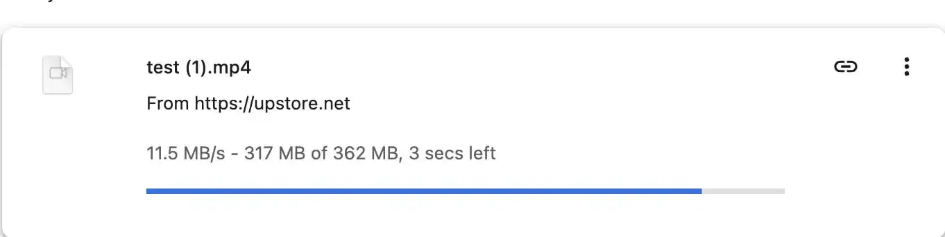 Upstore Premium single file browser download test showing 11.5 MB/s on a 362 MB file