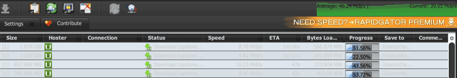 Upstore Premium JDownloader 2 speed test showing an average speed of 46.24 MiB/s